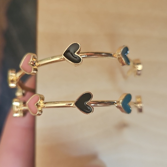 Multicolored Heart themed hoop earrings Gold Accents - Picture 4 of 5